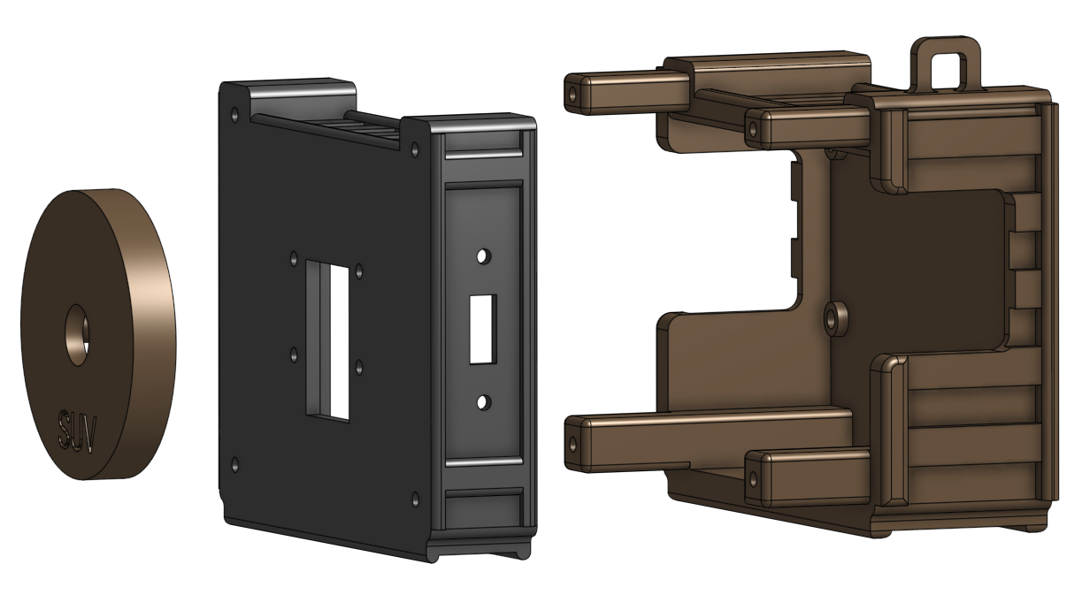 v1 CAD: lens cap, front plate, and chassis designed from scratch in Onshape