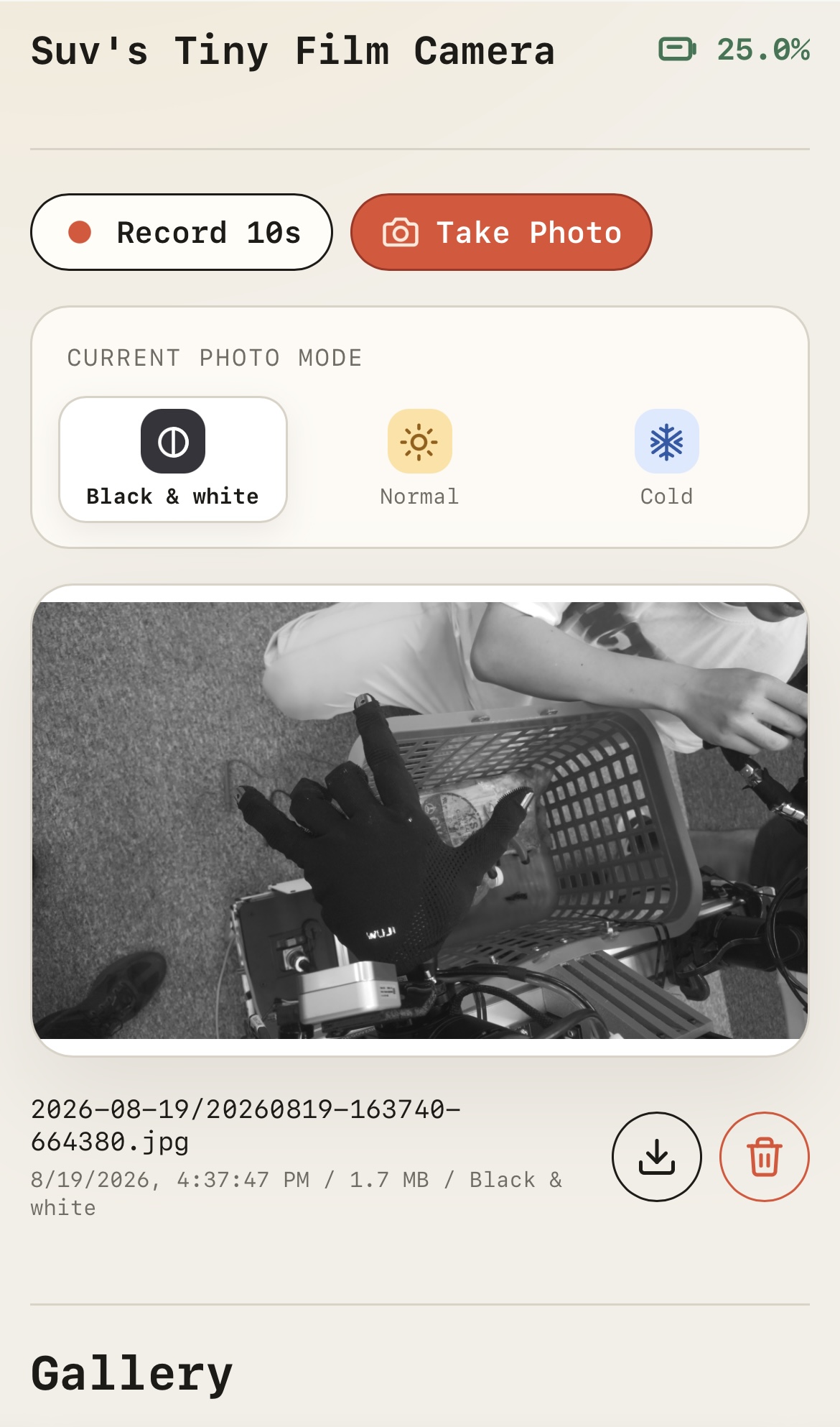 Tiny Film Camera local web app: capture controls, photo modes, battery, and gallery