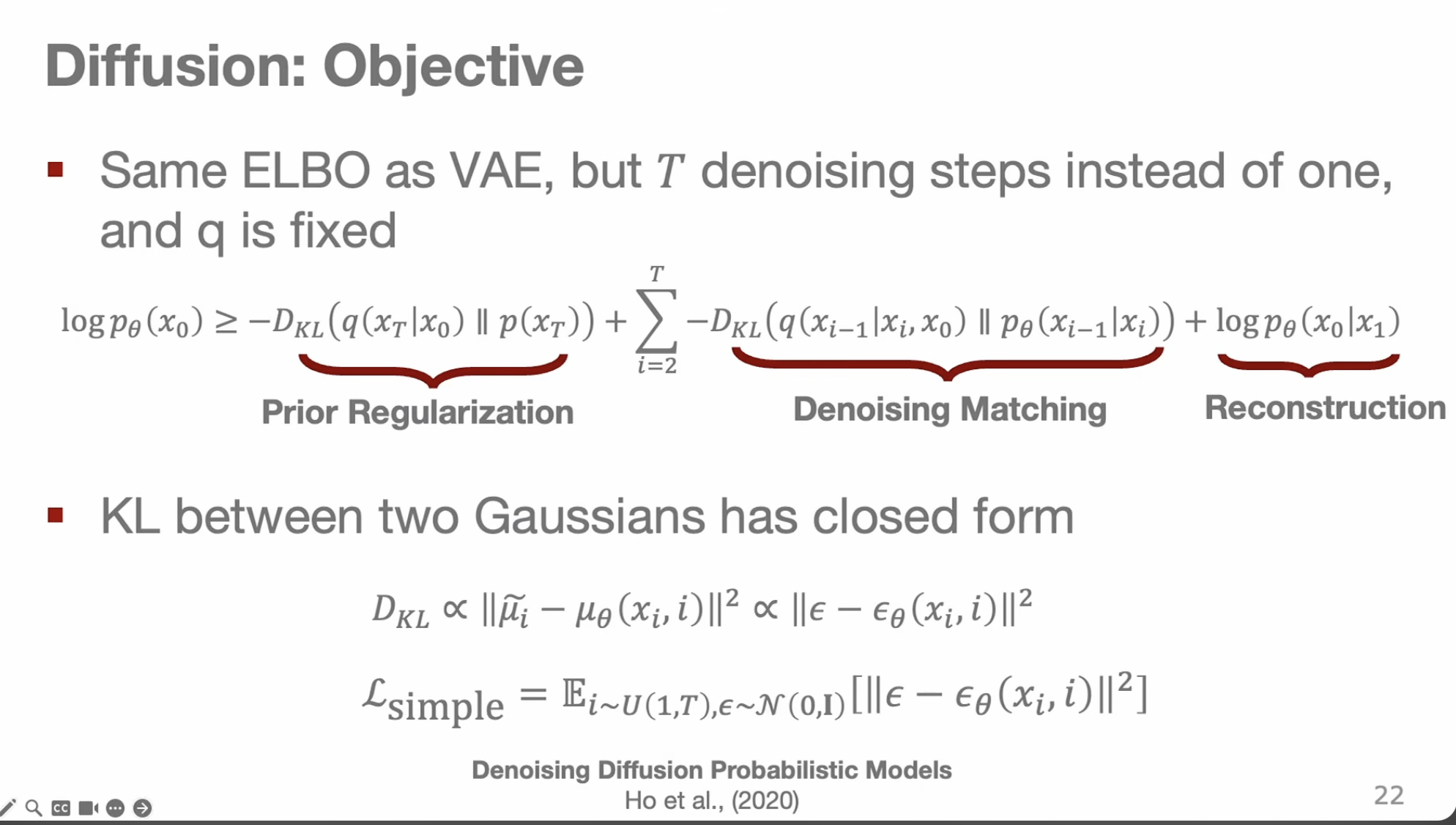 Lecture slide deriving the diffusion objective from the ELBO