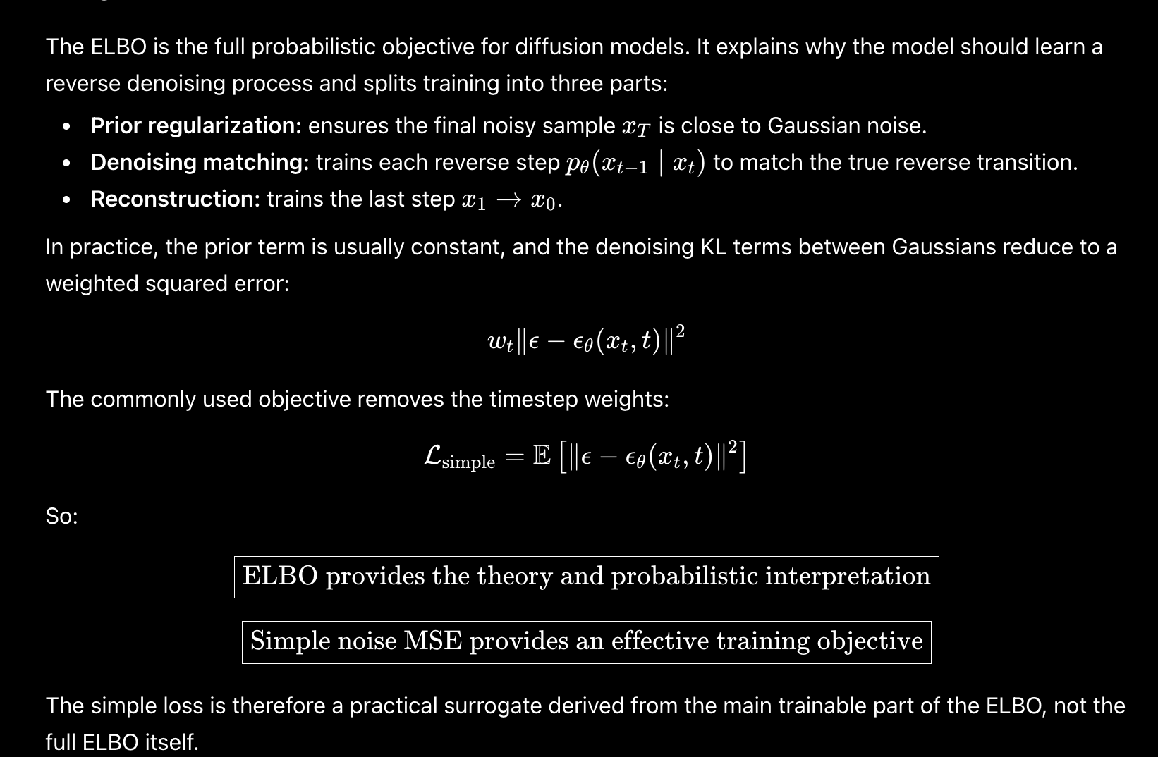Comparison of the diffusion ELBO and the practical simple noise MSE objective