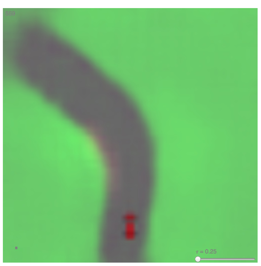 World Models paper frame of a blurry CarRacing track and red car generated inside the MDN-RNN dream environment at temperature 0.25